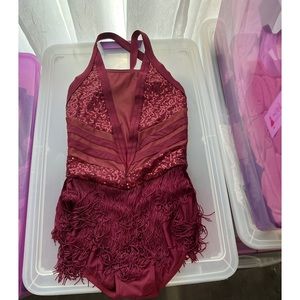 Burgundy leotard with attached fringe skirt and sequins